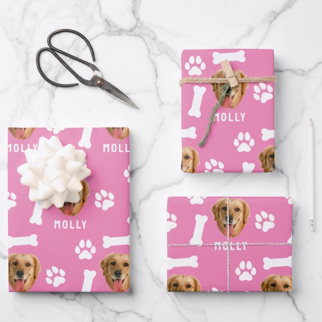 Feuille De Papier Cadeau Customized Dog Pet Photo & Name Pink (Recto)