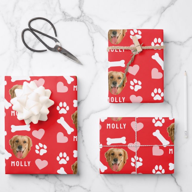 Feuille De Papier Cadeau Customized Dog Pet Photo & Name Pink Red Hearts (Recto)