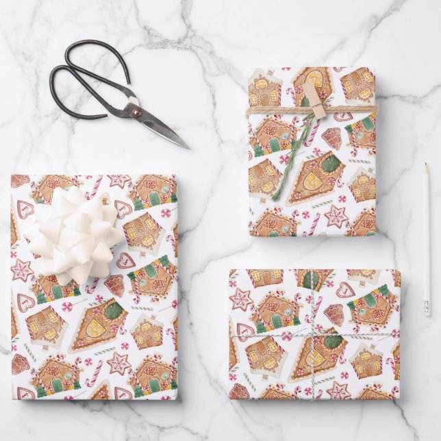 Feuille De Papier Cadeau Cute Aquarelle Ginglerie Maison Blanche Noël (Recto)