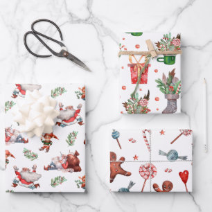 Feuille De Papier Cadeau Cute aquarelle Père Noël Elf Gingpain Noël