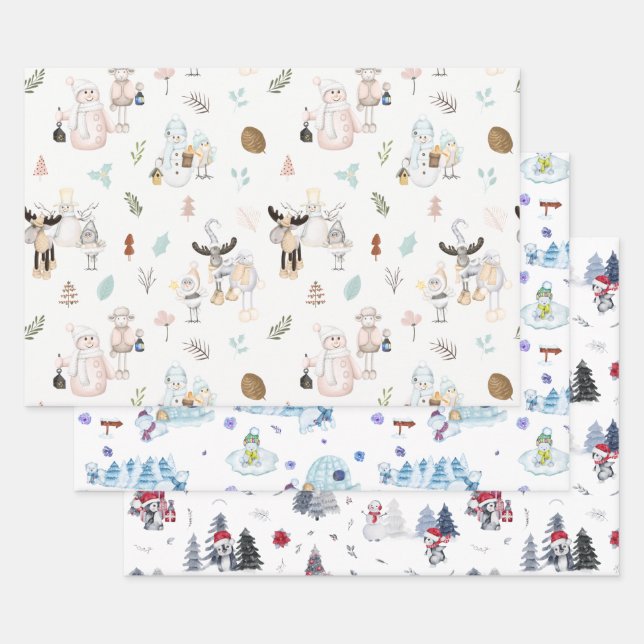Feuille De Papier Cadeau Cute aquarelle vacances Snowman Noël Motif (Lot)