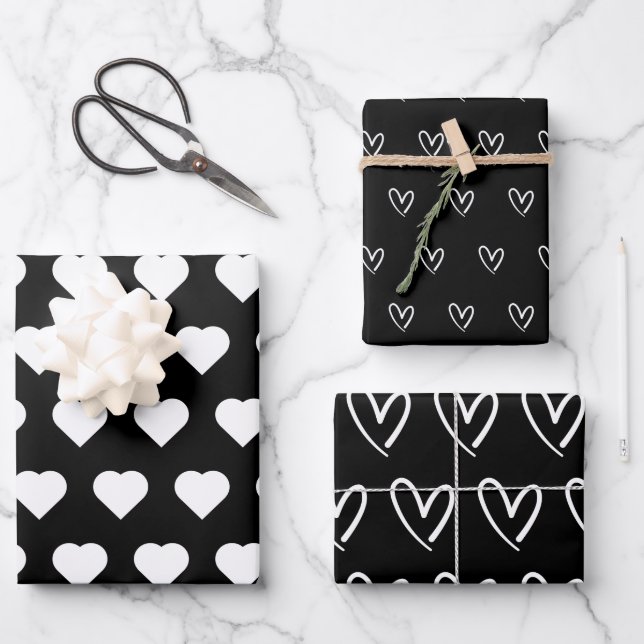 Feuille De Papier Cadeau Cute Black White Hearts Motif Valentine Wrappin (Recto)