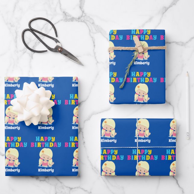 Feuille De Papier Cadeau Cute Blonde nage fille Anniversaire de enfant pers (Recto)