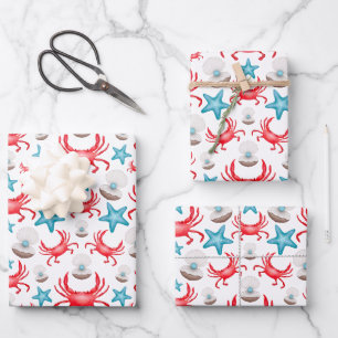 Feuille De Papier Cadeau Cute Blue Coastal Seaside Crab & Shell Motif