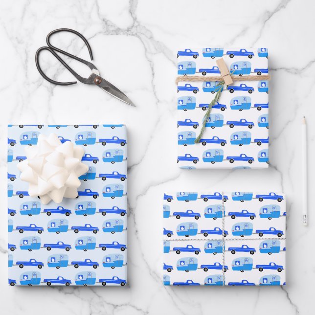 Feuille De Papier Cadeau Cute Blue Truck & Trailer RV Adventure (Recto)