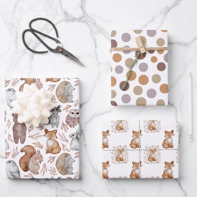 Feuille De Papier Cadeau Cute Bois animaux Aquarelle Anniversaire (Recto)
