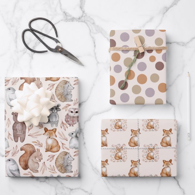 Feuille De Papier Cadeau Cute Bois animaux Aquarelle Anniversaire (Recto)