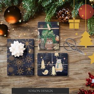 Feuille De Papier Cadeau Cute Bois animaux Motif Marine Bleu Noël