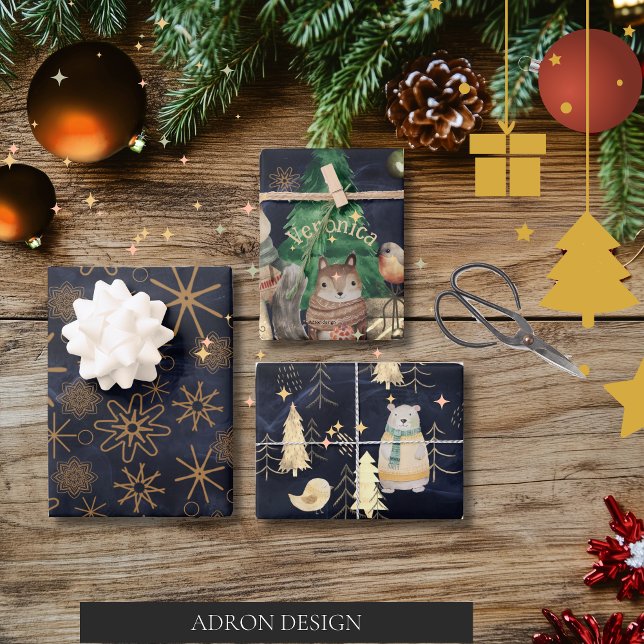Feuille De Papier Cadeau Cute Bois animaux Motif Marine Bleu Noël (Cute Woodland animals Pattern Blue Christmas Wrapping Paper Sheets)