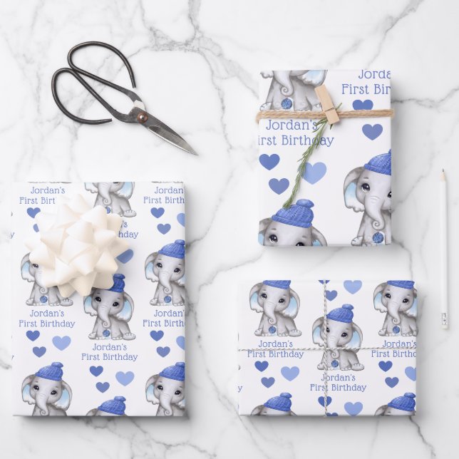 Feuille De Papier Cadeau Cute Boy premier anniversaire Blue Elephant Person (Recto)