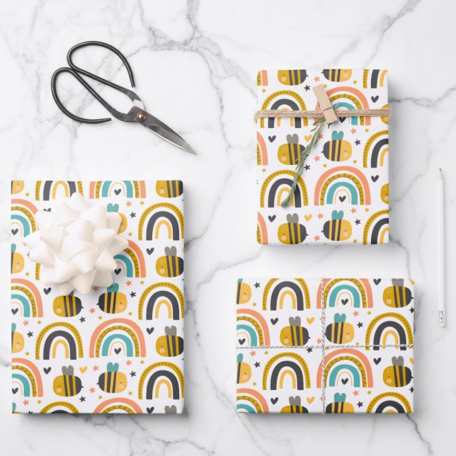 Feuille De Papier Cadeau Cute Bumble Bee et Rainbows Motif (Recto)