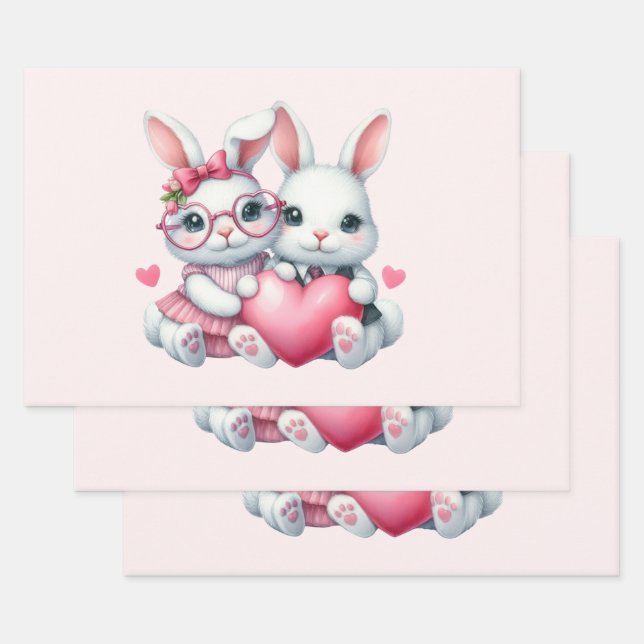 Feuille De Papier Cadeau Cute Bunnies Sharing a Heart (Lot)