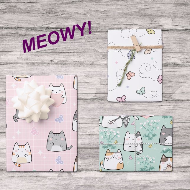 Feuille De Papier Cadeau Cute caricature chats et papillons Printemps (Créateur téléchargé)