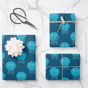 Feuille De Papier Cadeau Cute Cartoon Motif Méduse En Bleu Océan