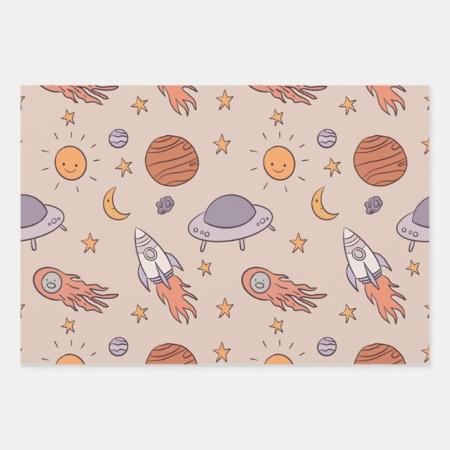 Feuille De Papier Cadeau Cute Cartoon Outer Space Seamless Pattern Design (Devant)