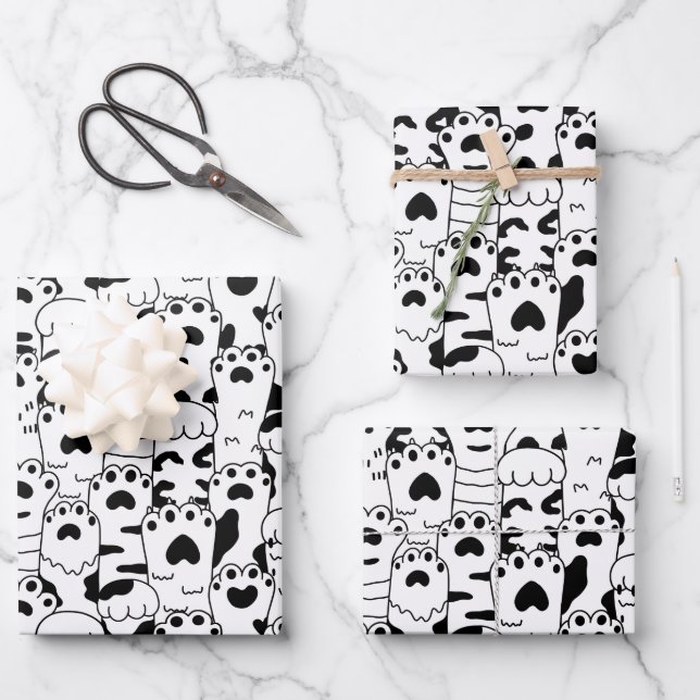 Feuille De Papier Cadeau Cute Cats Paws Motif noir blanc (Recto)
