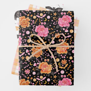 Feuille De Papier Cadeau Cute chauves-souris, Plaid et Florals Pastel Hallo