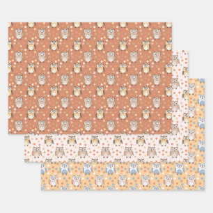 Feuille De Papier Cadeau Cute Chouette Cartoon et Motif Pastel À petits poi