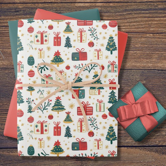 Feuille De Papier Cadeau Cute Christmas Trees Presents Retro Pattern (Créateur téléchargé)