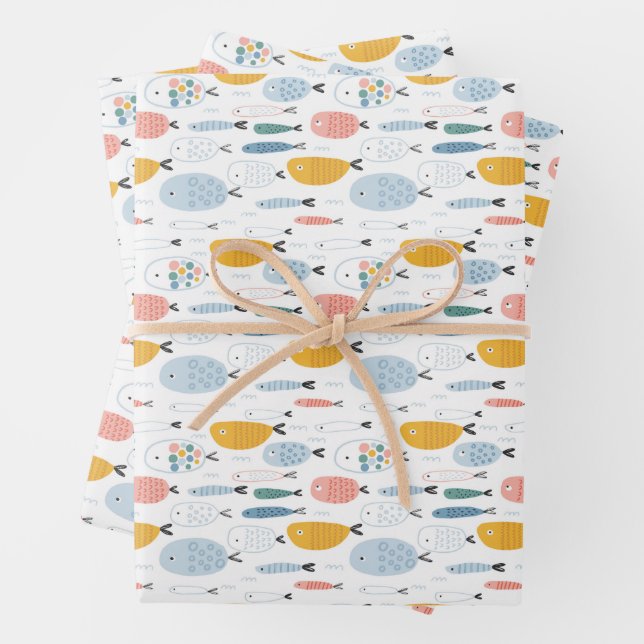 Feuille De Papier Cadeau Cute Doodle École de Motif de poisson (En situation)