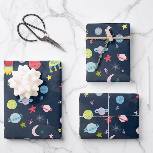 Feuille De Papier Cadeau Cute Espace Extérieur OVNI Planètes Lunes Aquarell (Recto)