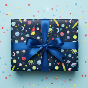 Feuille De Papier Cadeau Cute Espace Extérieur OVNI Planètes Lunes Aquarell