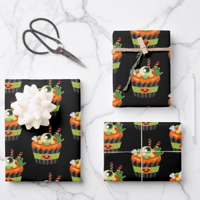 Feuille De Papier Cadeau Cute et Déplaisante Halloween Cupcake avec un Big  (Recto)