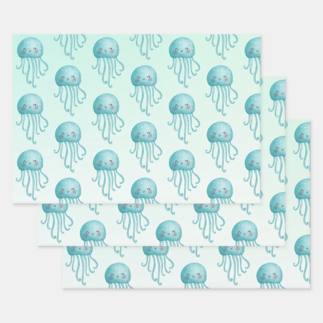 Feuille De Papier Cadeau Cute et Joyeux Motif de méduse bleu-vert (Lot)