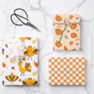 Feuille De Papier Cadeau Cute Fall Turkeys et Citrouilles