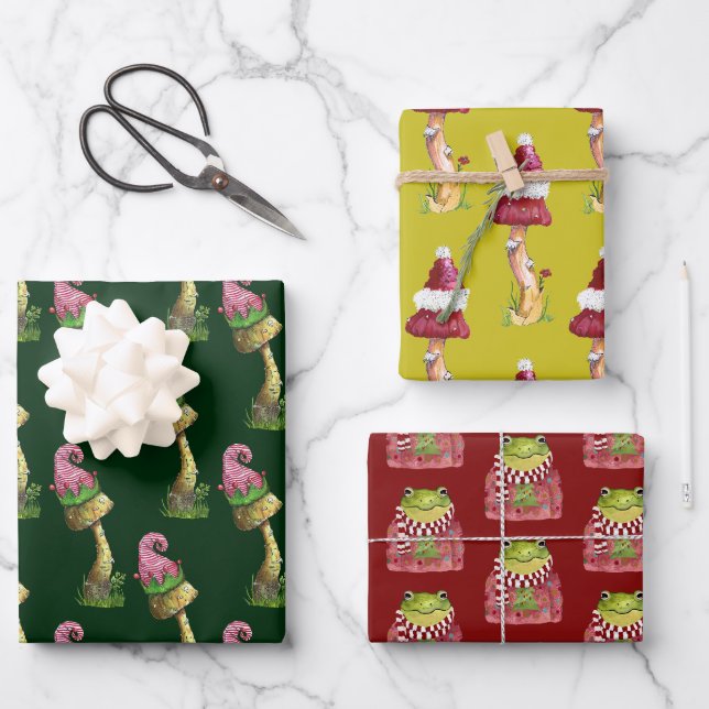 Feuille De Papier Cadeau Cute Festive Champignons et grenouille Noël Motif (Recto)