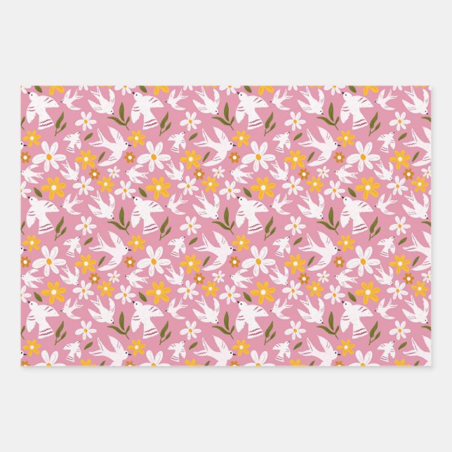 Feuille De Papier Cadeau Cute Floral Bird Seamless Pattern (Devant)