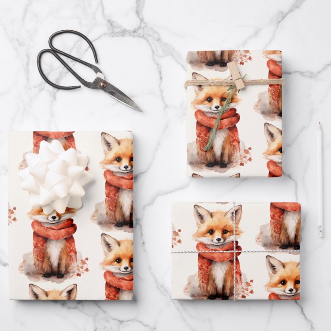 Feuille De Papier Cadeau Cute Fox Pup in a Red Scarf Pattern (Recto)