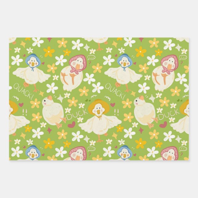 Feuille De Papier Cadeau Cute Green Duck & Daisy Flower Seamless Pattern (Devant)