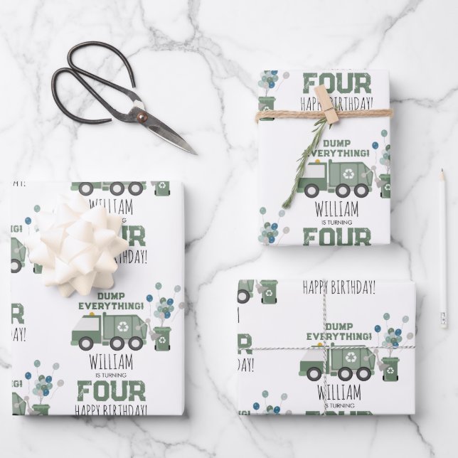 Feuille De Papier Cadeau Cute Green Recycling Camion Enfants Nom Âge Annive (Recto)