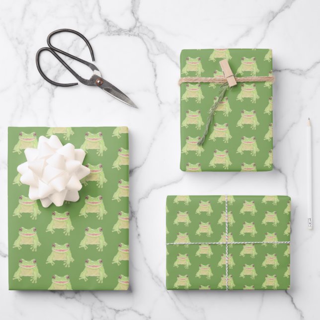 Feuille De Papier Cadeau Cute Green Tree Frog - 3x motif transparent. (Recto)