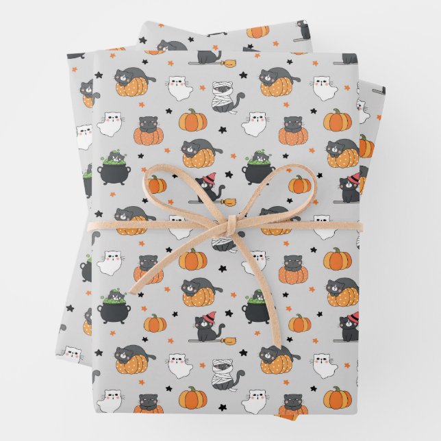 Feuille De Papier Cadeau Cute Halloween Chats et Fantômes Motif (En situation)