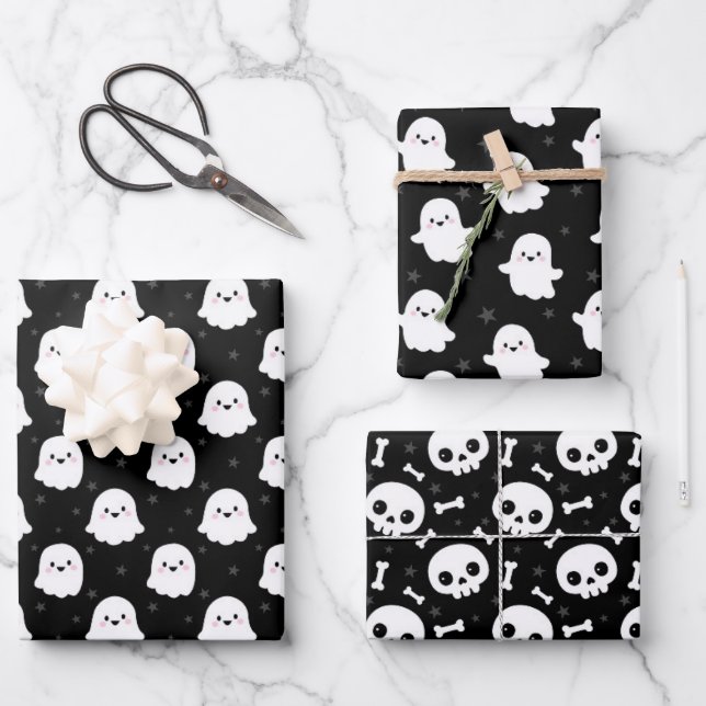 Feuille De Papier Cadeau Cute Halloween fantôme et crânes Motifs (Recto)