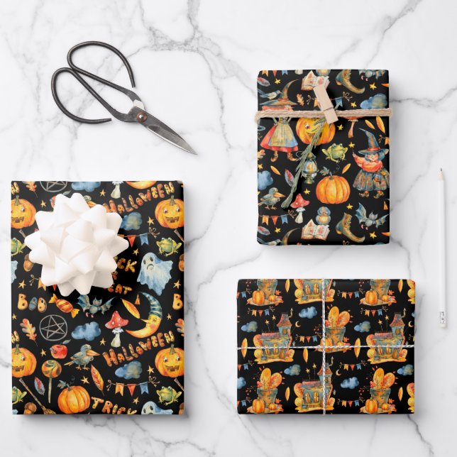 Feuille De Papier Cadeau Cute Halloween | Sorcières Citrouilles fantômes Ha (Recto)