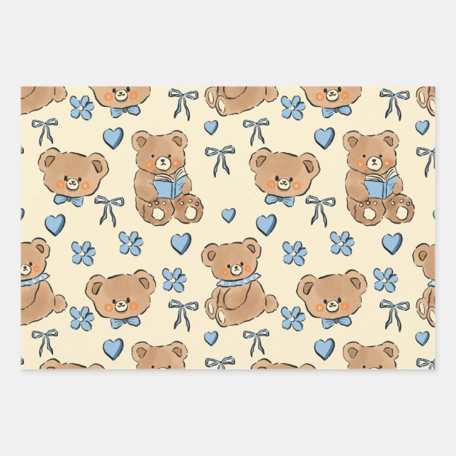 Feuille De Papier Cadeau Cute Hand-drawn Brown Teddy Bears Seamless Pattern (Devant)