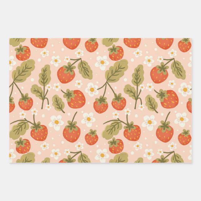 Feuille De Papier Cadeau Cute Hand-drawn Red Strawberry Seamless Pattern (Devant)