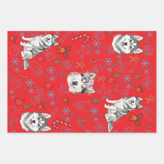 Feuille De Papier Cadeau Cute Husky Dog Christmas Winter Seamless Pattern 