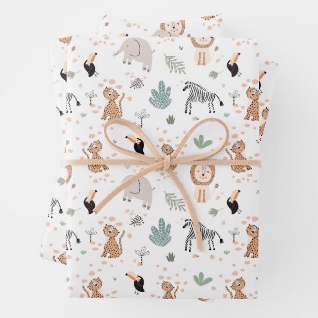 Feuille De Papier Cadeau Cute Jungle Rainforest Animaux Motif (En situation)