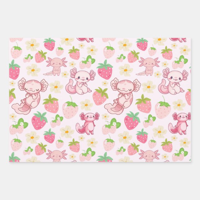 Feuille De Papier Cadeau Cute Kawaii Axolotl & Strawberry Seamless Pattern (Devant)