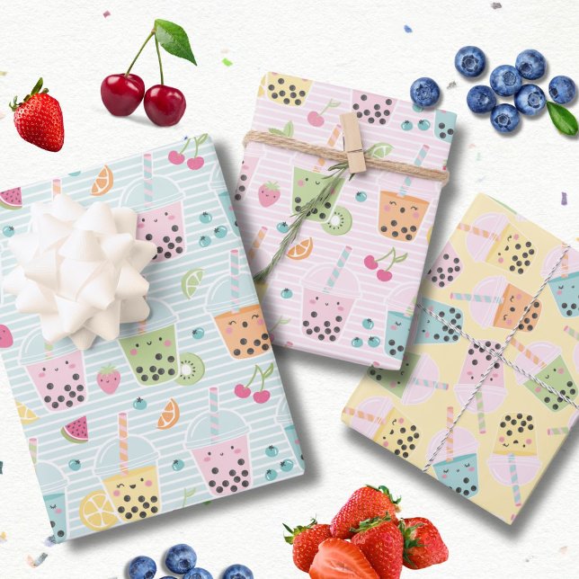 Feuille De Papier Cadeau Cute Kawaii Bubble Tea pastel motifs (Créateur téléchargé)