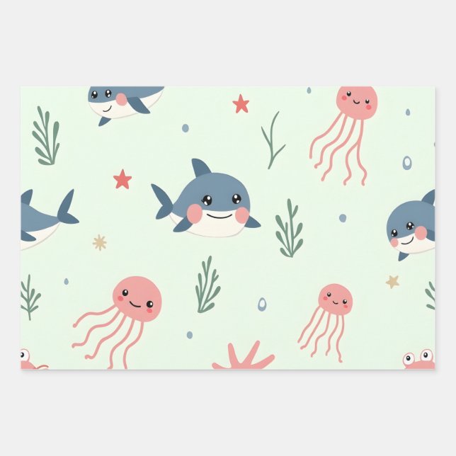 Feuille De Papier Cadeau Cute Kawaii Pastel Ocean Animaux (Devant)