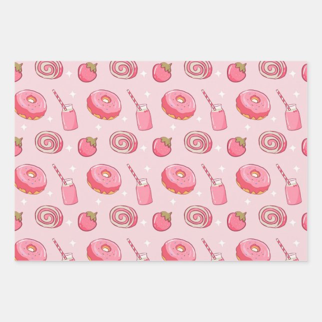 Feuille De Papier Cadeau Cute Kawaii Pink Aesthetic Foods Seamless Pattern (Devant)