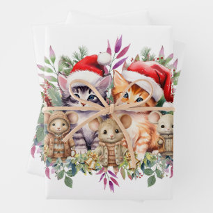 Feuille De Papier Cadeau Cute Kittens, souris et chiots Noël Floral