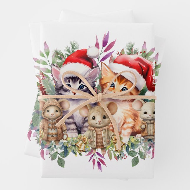 Feuille De Papier Cadeau Cute Kittens, souris et chiots Noël Floral (En situation)