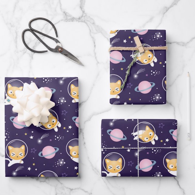 Feuille De Papier Cadeau Cute Kitty Chat Astronauts Motif (Recto)
