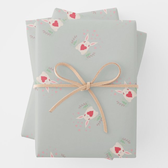 Feuille De Papier Cadeau Cute lapin et les coeurs gris motif (En situation)